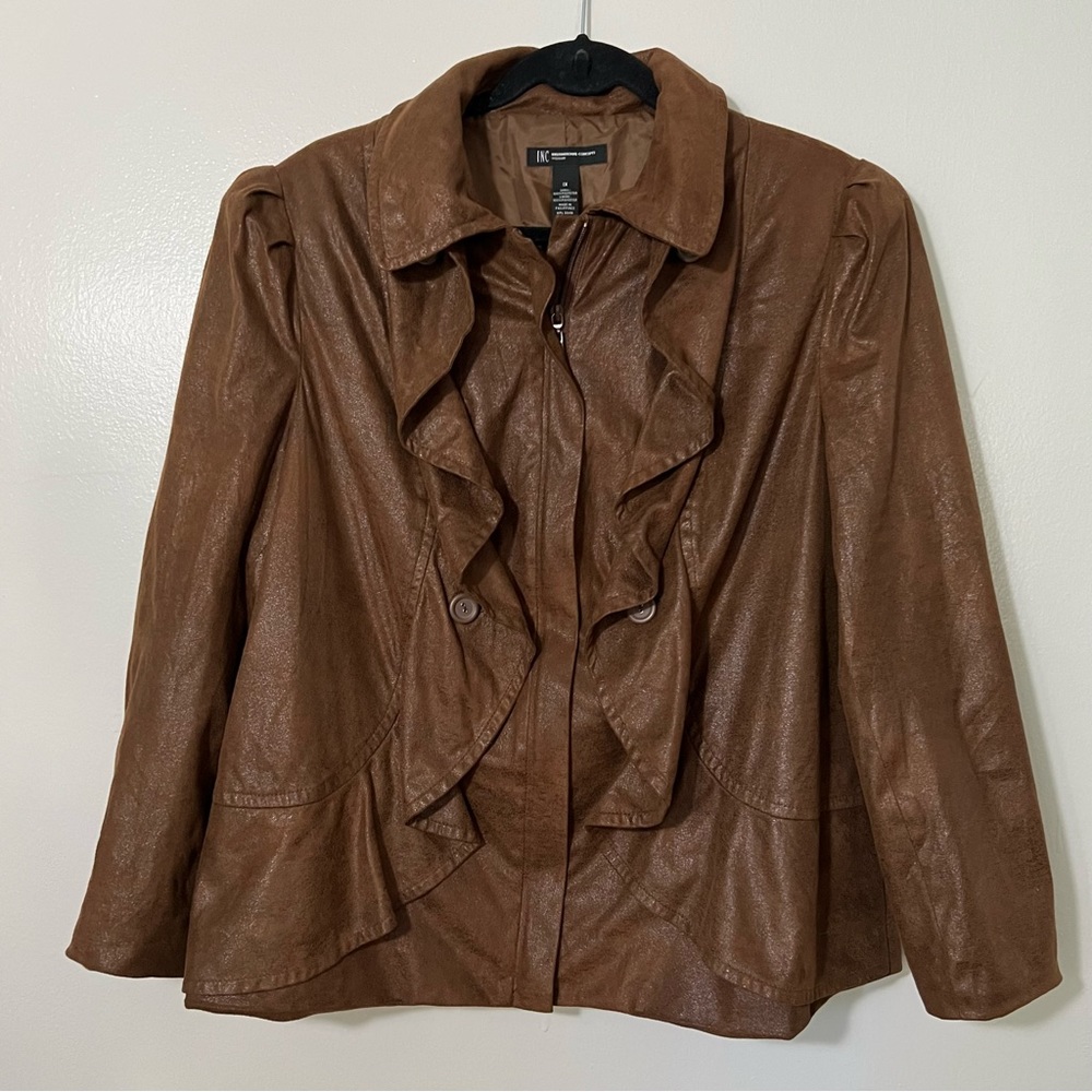INC Vintage Brown Ruffle Front Zip Up Jacket Sz 1X